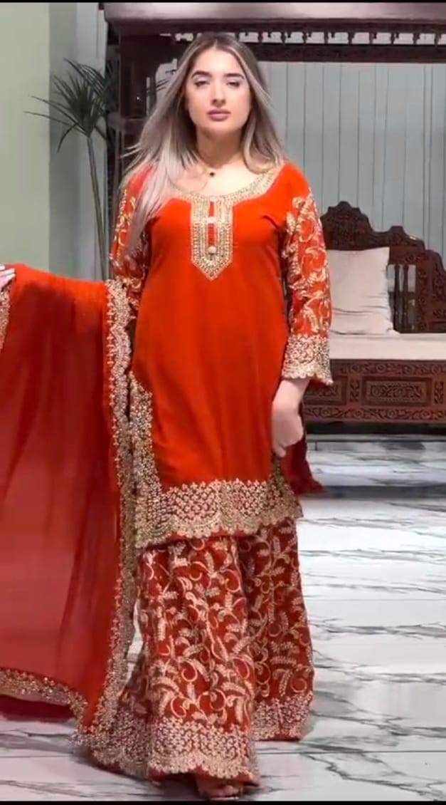 Bright Orange Traditional Sharara Kameez with Heavy Embroidery